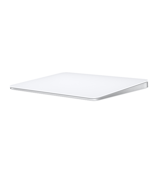 Image d’un Magic Trackpad blanc montrant sa vaste surface de verre qui s’étend d’un bord à l’autre et qui facilite le défilement et le balayage.