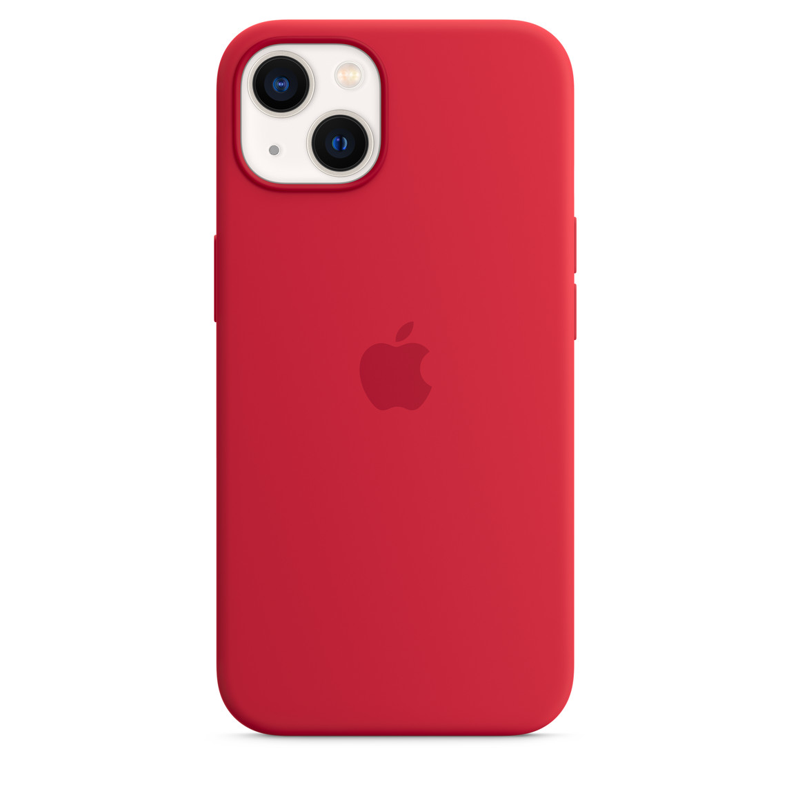 Capa vermelha de silicone com MagSafe para iPhone 13 em um iPhone 13 grafite.