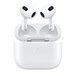 Visão frontal dos AirPods (3ª geração) acima de um estojo de recarga aberto com carga completa. 