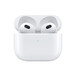 Visão frontal dos AirPods (3ª geração) dentro de um estojo de recarga aberto com carga completa. 