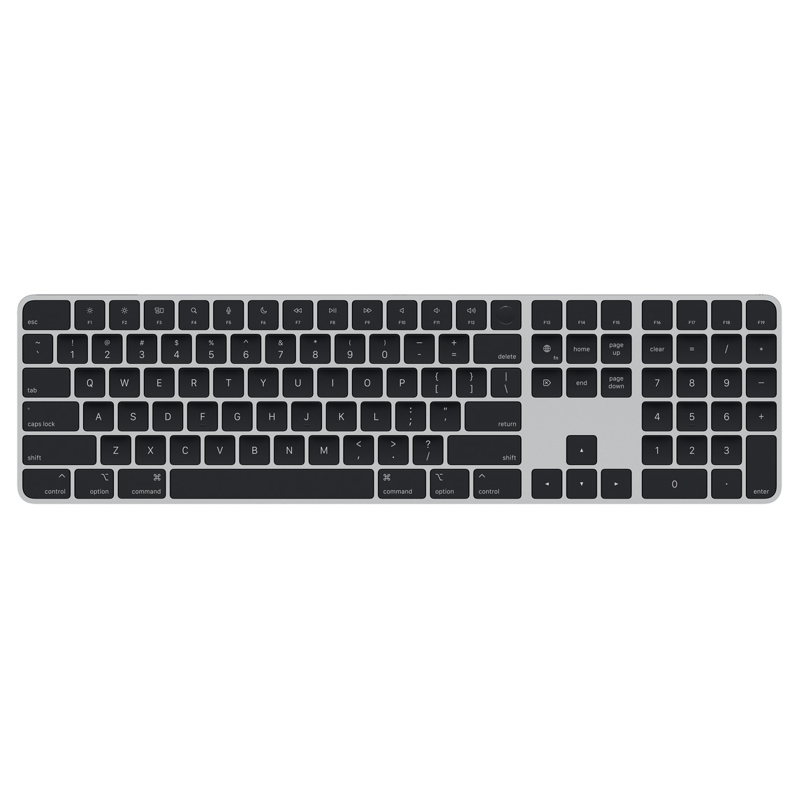 O Magic Keyboard com teclado numérico na cor preta tem teclas de direção com disposição de “T” invertido e teclas específicas para avançar uma página e voltar uma página.