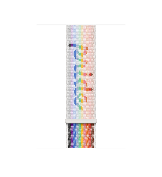 Pulseira loop esportiva edição Orgulho (arco-íris), nylon trançado com listras nas cores do arco-íris e a palavra “pride” escrita no tecido, fecho fácil de ajustar
