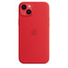 Capa de silicone em um iPhone 14 Plus vermelho.