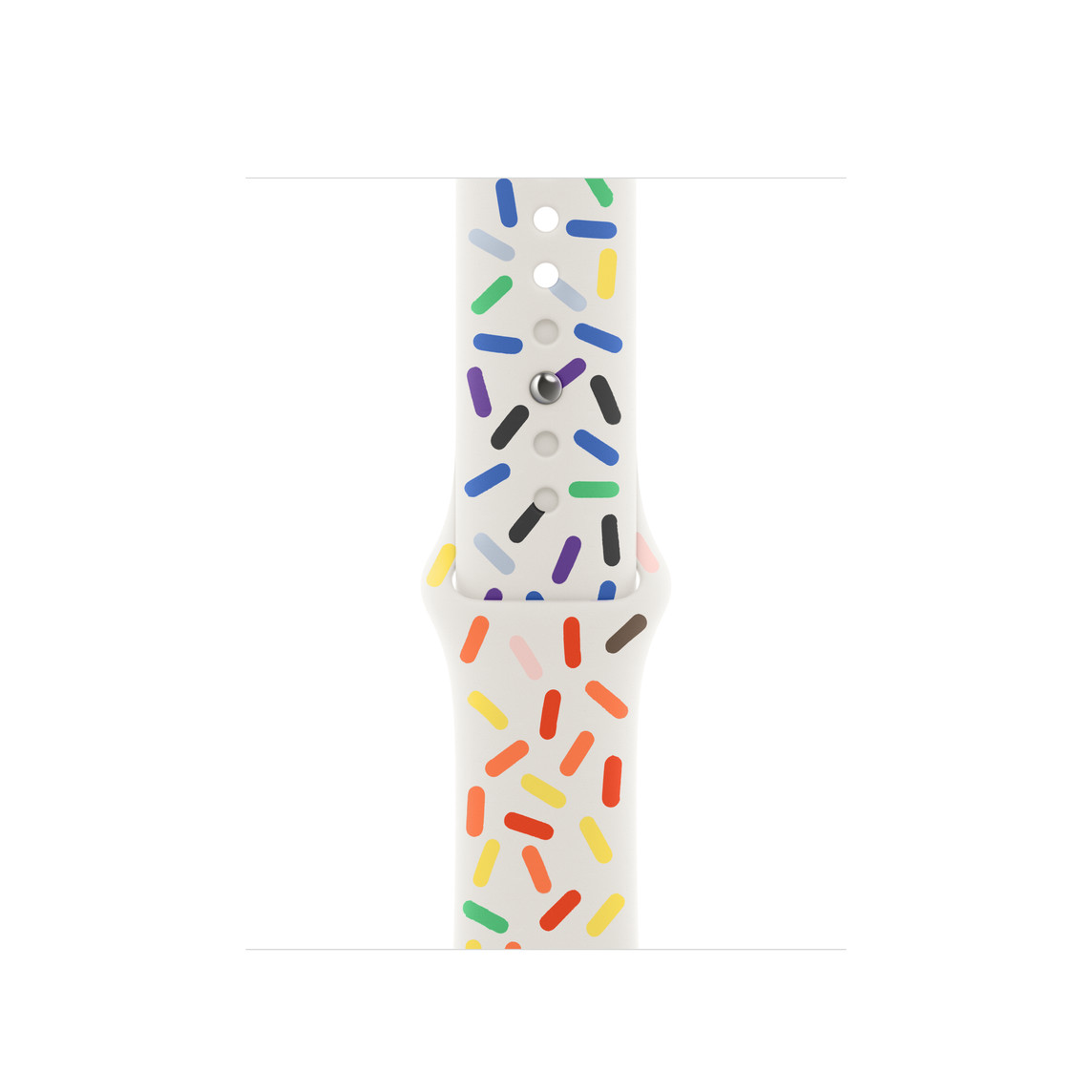 Pride Edition Sport Band, white accented with solid ovals of various rainbow colors, smooth fluoroelastomer with pin-and-tuck closure