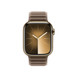 Imagem da frente da pulseira de elos magnéticos cinza-castanho, em que aparecem o mostrador do Apple Watch e a Digital Crown.