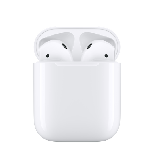 Vue avant d’AirPods (deuxième génération) dans un étui de recharge ouvert. 