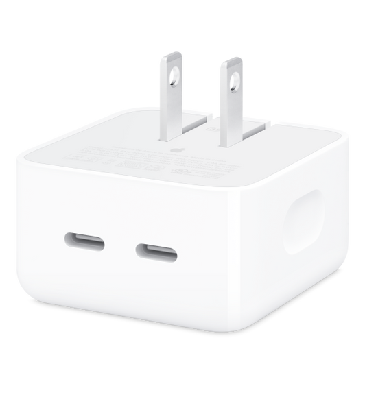 The 35W Dual USB-C Port Compact Power Adapter allows you to charge two devices at the same time.