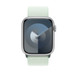 Imagem da frente da pulseira loop esportiva menta-suave, em que aparecem o mostrador do Apple Watch e a Digital Crown.