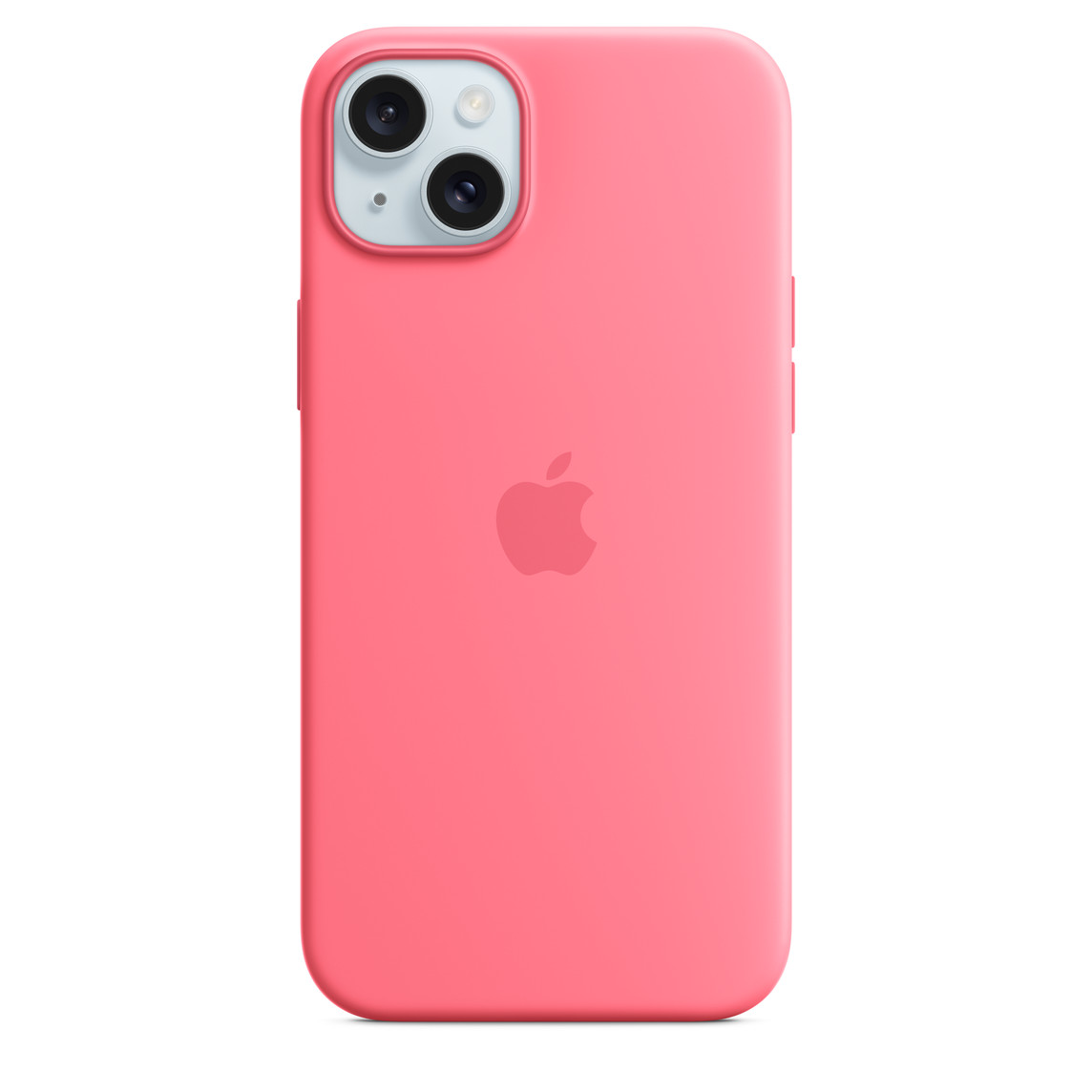 Capa de silicone rosa com MagSafe para iPhone 15 Plus, com logotipo da Apple gravado no centro, encaixada no iPhone 15 Plus azul, com recorte para câmera.