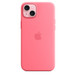 Capa de silicone rosa com MagSafe para iPhone 15 Plus, com logotipo da Apple gravado no centro, encaixada no iPhone 15 Plus rosa, com recorte para câmera.