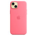 Capa de silicone rosa com MagSafe para iPhone 15 Plus, com logotipo da Apple gravado no centro, encaixada no iPhone 15 Plus amarelo, com recorte para câmera.
