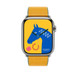 Jaune d’Or/Bleu Jean (yellow) Twill Jump Single Tour strap, showing Apple Watch face.