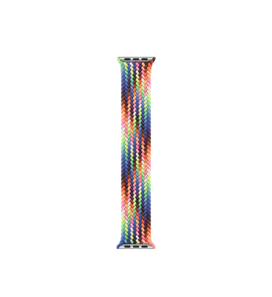 Bracelet solo tressé édition Fierté, fil tressé dans un ensemble de couleurs néon qui rappellent l’éclat du drapeau arc-en-ciel, sans fermoir ni boucle