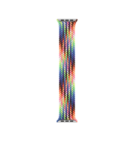 Correa uniloop trenzada Edición Orgullo, hecha de hilos tejidos de colores fluorescentes inspirados por la bandera arcoíris del Orgullo, sin hebillas ni cierres