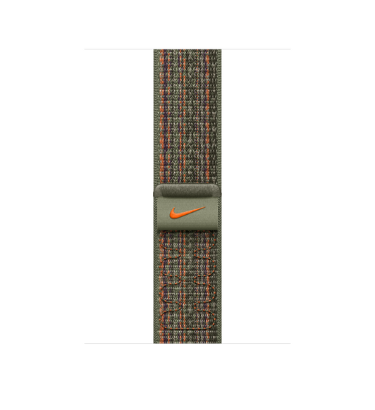 Sequoia (dark green) and Orange Sport Loop band, woven nylon with Nike swoosh, hook-and-loop fastener