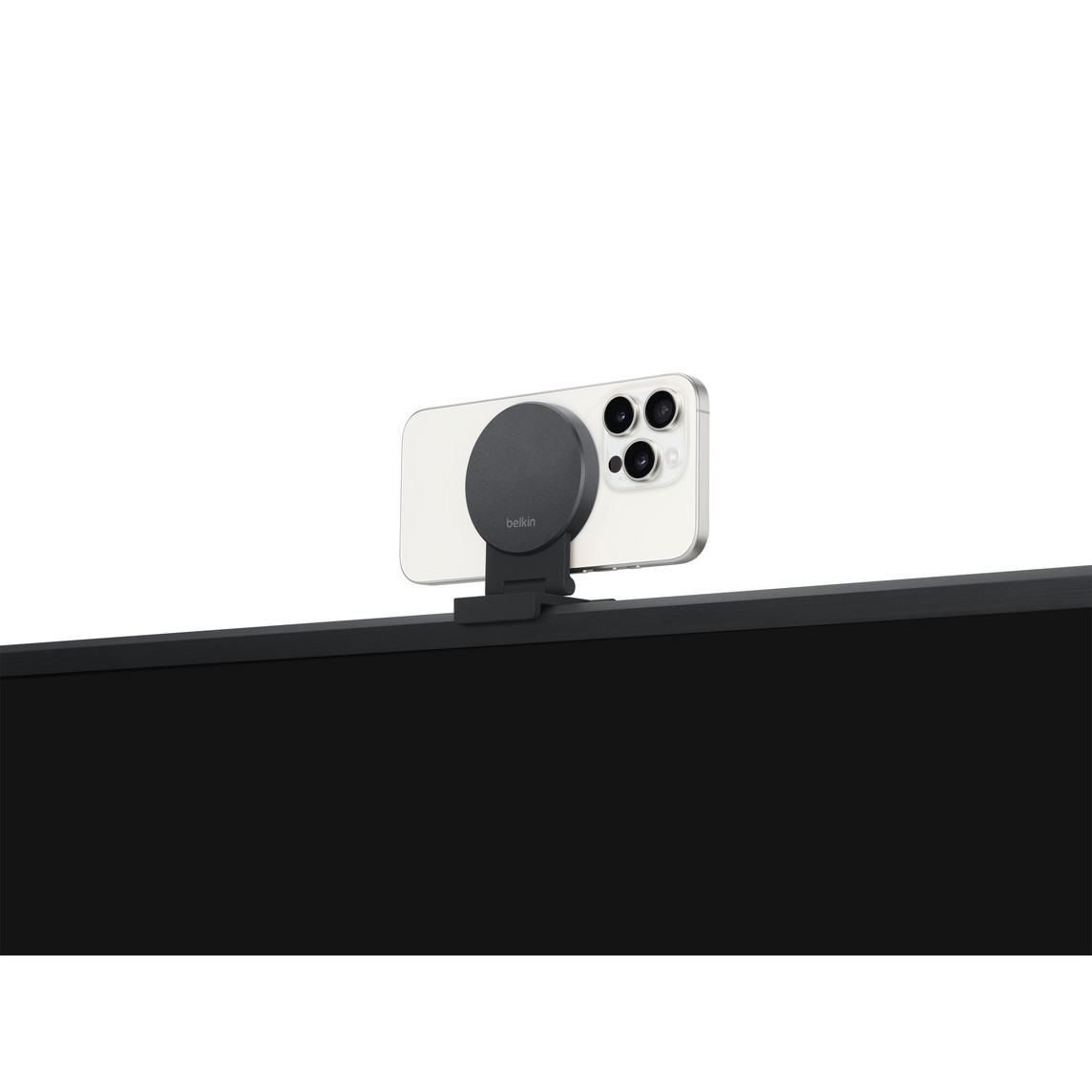 The Belkin iPhone Mount (MagSafe Compatible) for TV or display features a durable mount for FaceTime calls, video conferencing, and more.