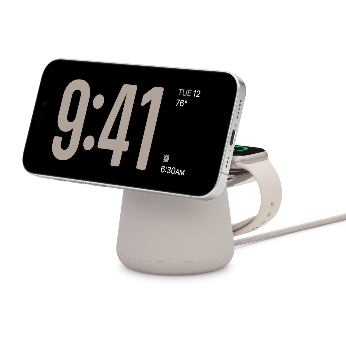 Belkin BOOST CHARGE PRO 2-in-1 Wireless Charging Dock พร้อม MagSafe มี iPhone ที่กำลังชาร์จในตำแหน่งแนวนอน ที่มี Apple Watch อยู่ด้านหลังและกำลังชาร์จเช่นกัน และสายชาร์จ USB-C ที่ด้านล่าง