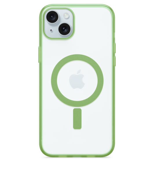 The Otterbox Lumen Series is a clear iPhone case, with color-coordinated Apple MagSafe ring, encasing iPhone 15 Plus in blue.