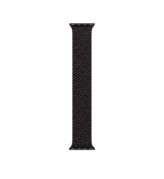 Black Unity 编织单圈表带，上面缀满了红色和绿色斑纹，展示交错编织的聚酯纤维和硅胶丝材质以及无表扣设计。