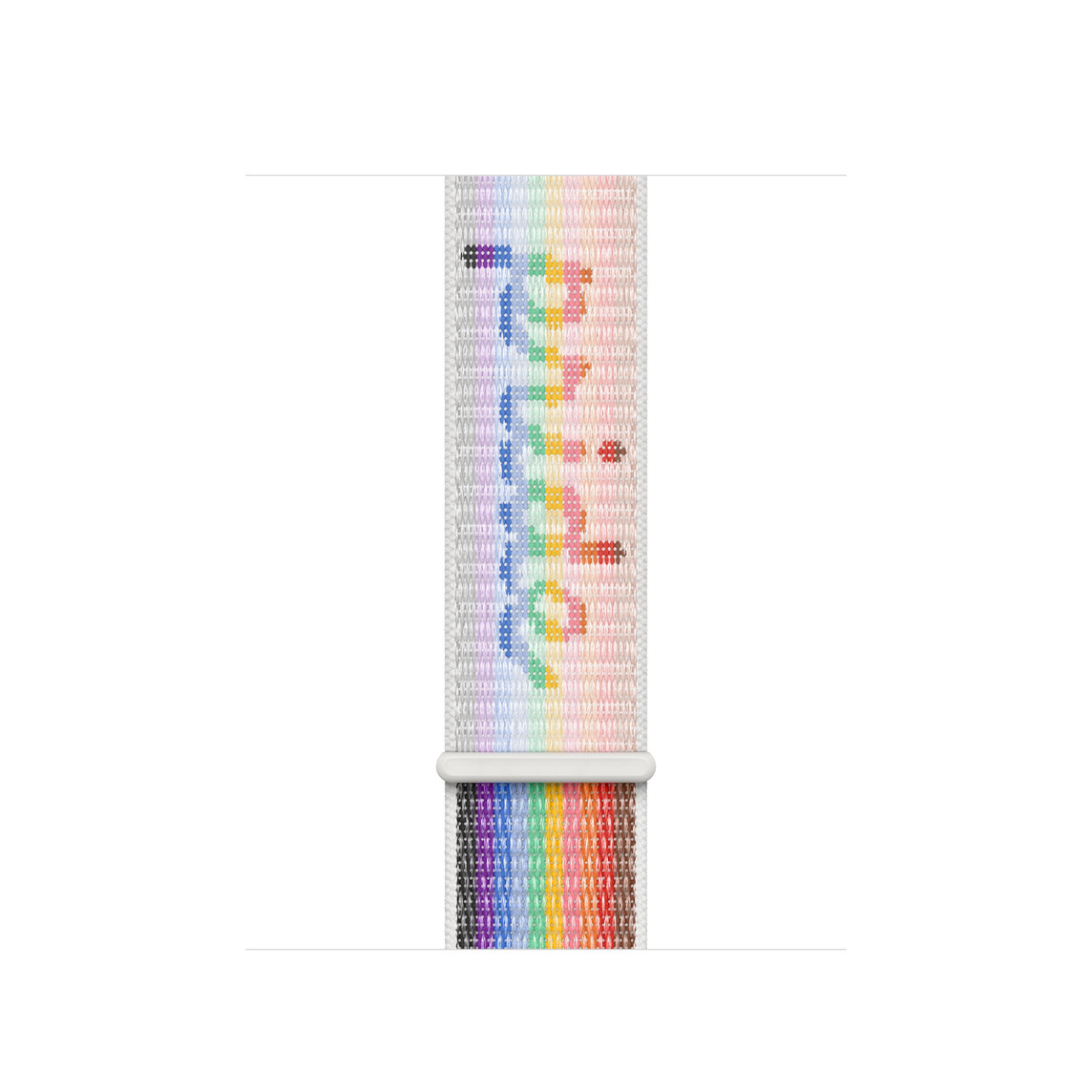 Pride Edition (rainbow) Sport Loop band, woven nylon with rainbow stripes and the word "pride" in script, hook-and-loop fastener