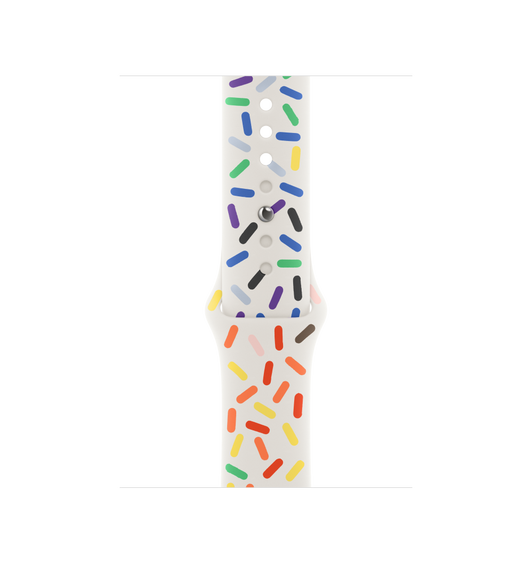 彩虹版运动型表带，白色表带上缀满了不同彩虹色的实心椭圆图案，展示顺滑的氟橡胶材质和按扣加收拢式表扣。