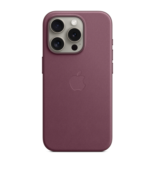 iPhone 15 Pro FineWoven Case with MagSafe in Mulberry, embedded Apple logo in centre, attached to iPhone 15 Pro Natural Titanium finish, seen through camera cut-out.