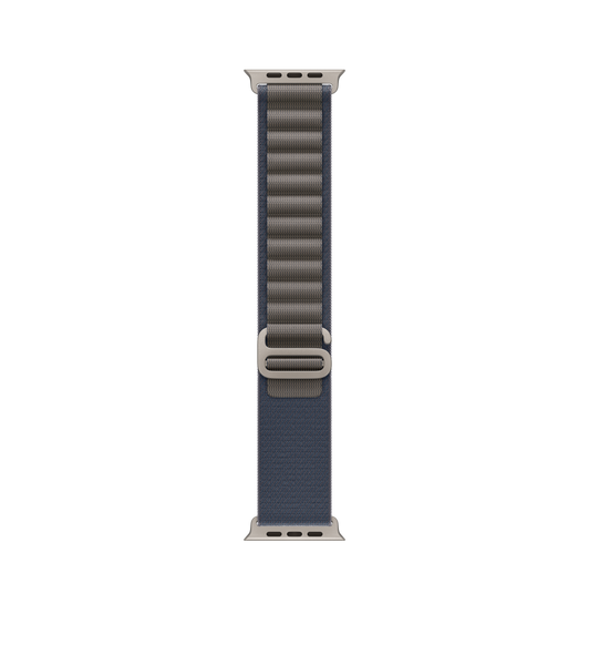 蓝色高山回环式表带，展示双层精编织物材质、环扣和钛金属 G 式表扣。