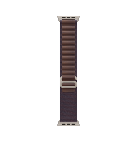 靛蓝色高山回环式表带，展示双层精编织物材质、环扣和钛金属 G 式表扣。