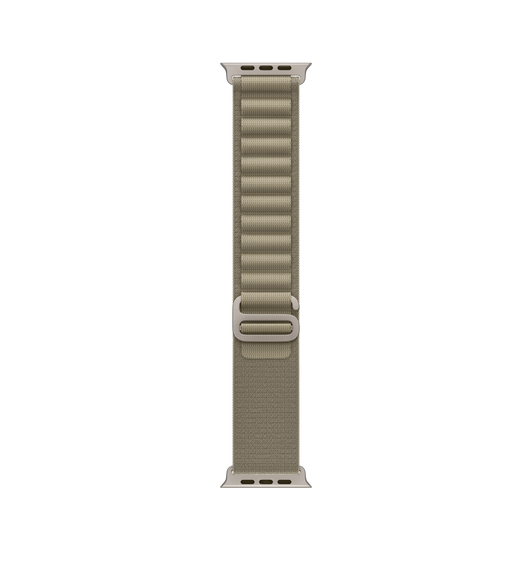 橄榄色高山回环式表带，展示双层精编织物材质、环扣和钛金属 G 式表扣。