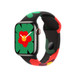 Apple Watch Series 9 với thiết kế Unity Bloom của Dây Đeo Thể Thao Black Unity, được tạo điểm nhấn với những bông hoa minh họa có thiết kế đơn giản theo nhiều hình dáng và kích thước khác nhau, với các màu đỏ, xanh lá và vàng, thiết kế có thể được nhìn thấy ở cả bên ngoài lẫn bên trong của bề mặt dây, dây nổi bật với khóa cài và chốt.