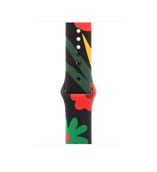 สายแบบ Sport Band รุ่น Black Unity ลายสามัคคีเบ่งบาน มีลวดลายภาพดอกไม้ในหลายรูปทรงและมีขนาดแตกต่างกันที่วาดในสไตล์เรียบง่ายและหลากสีสันทั้งสีแดง สีเขียว และสีเหลือง การล็อคสายแบบเสียบหมุดแล้วสอดสาย