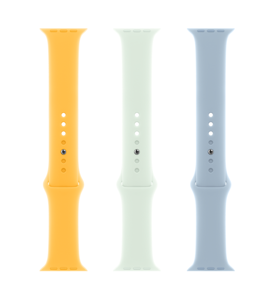 艳阳色 (黄色)、淡薄荷色 (绿色) 和浅蓝色运动型表带，展示顺滑的氟橡胶材质和按扣加收拢式表扣。