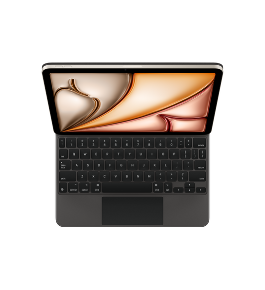 iPad Air gắn với Magic Keyboard, màu Đen, các phím màu đen với chữ màu trắng, các phím mũi tên nằm theo bố cục chữ T ngược, bàn di tích hợp