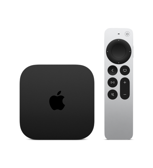 並排
Apple TV 4K，採用黑色正方形圓角設計Siri Remote 的正面，具備黑色圓形的點觸式觸控板與凸起的按鈕