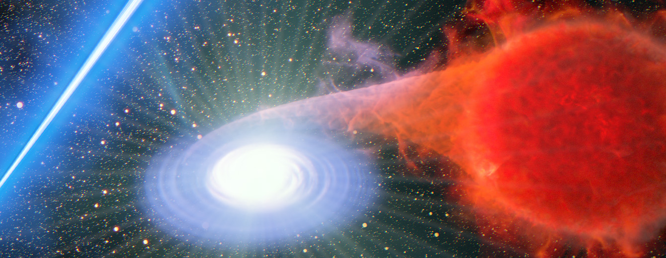 An artist's concept looks down into the core of the galaxy M87, which is just left of center and appears as a large blue dot. A bright blue-white, narrow and linear jet of plasma transects the illustration from center left to upper right. It begins at the source of the jet, the galaxy's black hole, which is surrounded by a blue spiral of material. At lower right is a red giant star that is far from the black hole and close to the viewer. A bridge of glowing gas links the star to a smaller white dwarf star companion immediately to its left. Engorged with infalling hydrogen from the red giant star, the smaller star exploded in a blue-white flash, which looks like numerous diffraction spikes emitted in all directions. Thousands of stars are in the background.