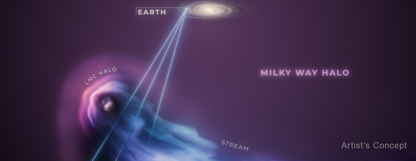 A whitish, whirlpool-like galaxy at middle of top edge, and a tadpole-shaped structure sweeps from left to right across lower half. A label pointing to outer, left of galaxy reads "Earth." Faint, purple haze labeled "Milky Way Halo" surrounds galaxy and stretches to graphic's edges.  The tadpole-shaped object is the Large Magellanic Cloud, or LMC, with its own halo and streaming tail. Semi-circular, progressively darker layers of purple labeled "LMC Halo" surround the LMC, which appears roughly circular, with a central, light yellow bar. Cloud-like features sprinkled with white specks surround this bar. Trailing the LMC is a large, tail-like feature labeled "Stream." Three light blue lines point from the label "Earth" through the LMC's halo, and to three corresponding quasars, which are off screen. At the bottom, right corner is the label "Artist's Concept."