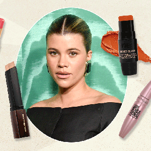 Sofia Richie, Chanel tinted lip balm, Hourglass Cosmetics foundation stick, Nudestix blush, and Maybelline mascara.