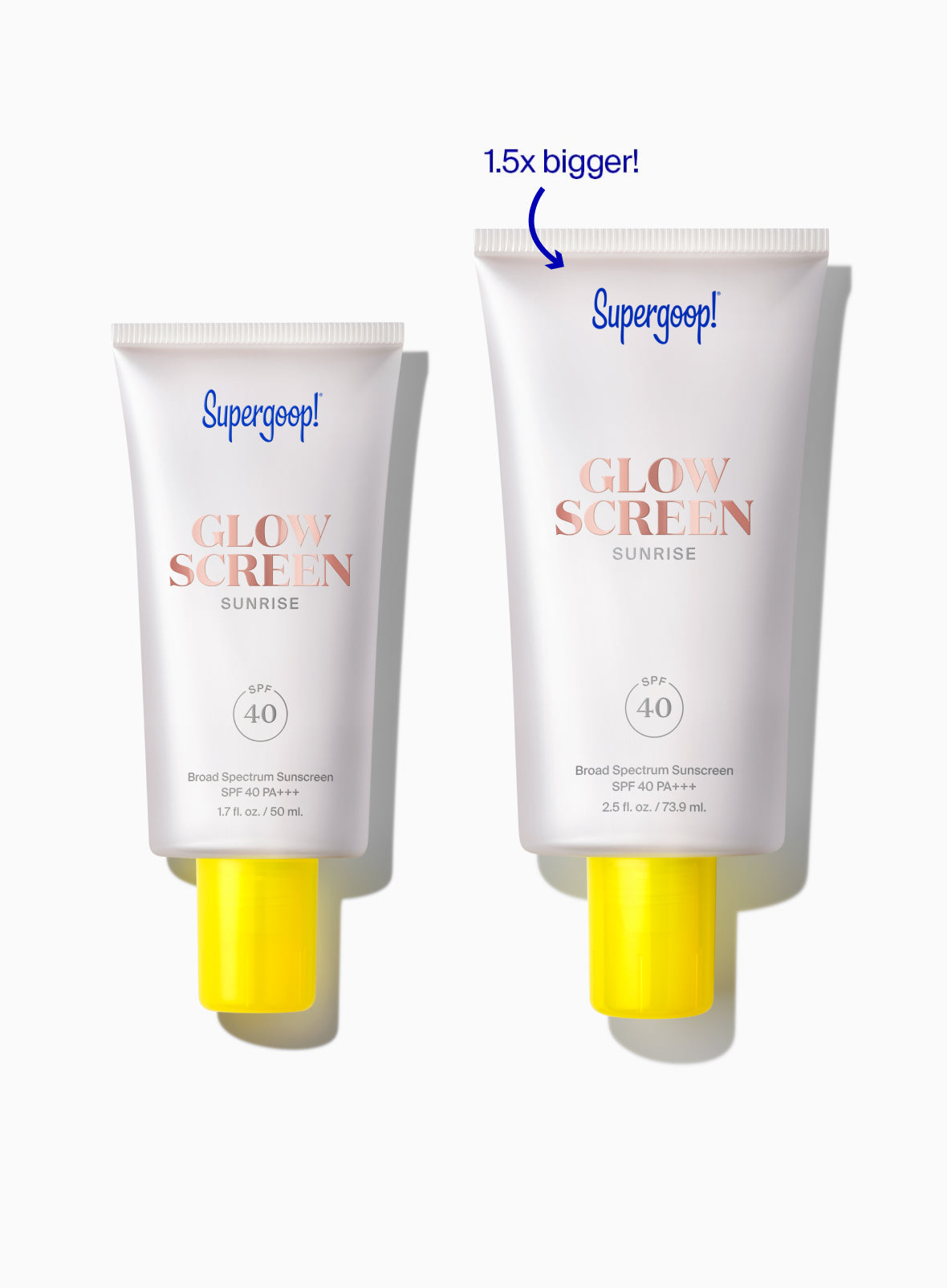 Supergoop! Glowscreen SPF 40 Sunrise / 2.5 fl. oz. Comparison Packshot with arrow callout '1.5x bigger'