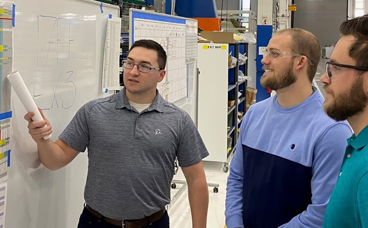 Jacob (left) training fellow F-15 managers on production schedules.