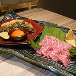 Yakiniku Kitan Minamisenba - 和牛赤身の刺身仕立てと和牛ハラミのたたき