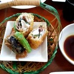 アンビュウ - ランチ　豚とチーズの梅しそてんぷら＆塩麹入り野菜てんぷら