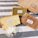 シフォンケーキのお店 C.C.C. - 左からチーズケーキ, 抹茶, マロン