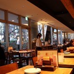 PIZZA SALVATORE CUOMO & GRILL - ガラス窓の外は高瀬川。水面に覆いかぶさるように咲く桜、そして秋は紅葉が。