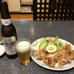 龍泉 - ノンアルコールビール380円に若鶏の唐揚げ750円。