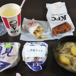 Kentucky Fried Chicken Hakodate Hondori Ten - 今回は「とろ～り月見チキンフィレサンドセット（ポテト＆レモネードソーダ）」「とろ～り月見和風チキンカツサンド」「香るゆず七味チキン（骨なし）」にお手製豚汁で夕餉