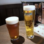 IRISH PUB CELTS Hakata Chikushi Guchi Ten - ◆ドリンクは「TOKYO隅田川ブリーイングベールエール」と「ハイネケン」を。 いつもながらメニューをきちんと見ていなくて、どちらも「１ ＰＩＮＴ」で提供されビックリ。(≧◇≦) 因みに「TOKYO隅田川ブルーイング ペールエール」は １ ＰＩＮＴ 910円、 「ハイネケン１ ＰＩＮＴ」は860円ですので　このセットはお得ですが、食事前には多い。(^0^;)