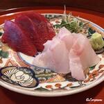 Ishidoriya Kaishoku Shinkameya - 塩竈産ひがしもの目鉢鮪 赤身と宇和島産 本九絵