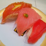 Genki Sushi Koriyama Ootsuki Ten - まぐろ三昧(炙りまぐろ漬けだれ･みなみまぐろ中とろ･みなみまぐろ赤身)¥242税込(R3.1.26撮影)