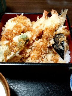 Suzukiya - 天重(並)のアップ　海老2本、キス、イカ、玉ねぎ、なす、ピーマン　ご飯は普通盛