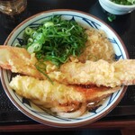 Marugame Seimen Fukuyama Heisei Daigaku Mae Ten - ランチタイム　ジャンボかにかま天 海老天 ねぎ 天かす のっけうどん (税込)500円 に七味投入（2021.03.10）